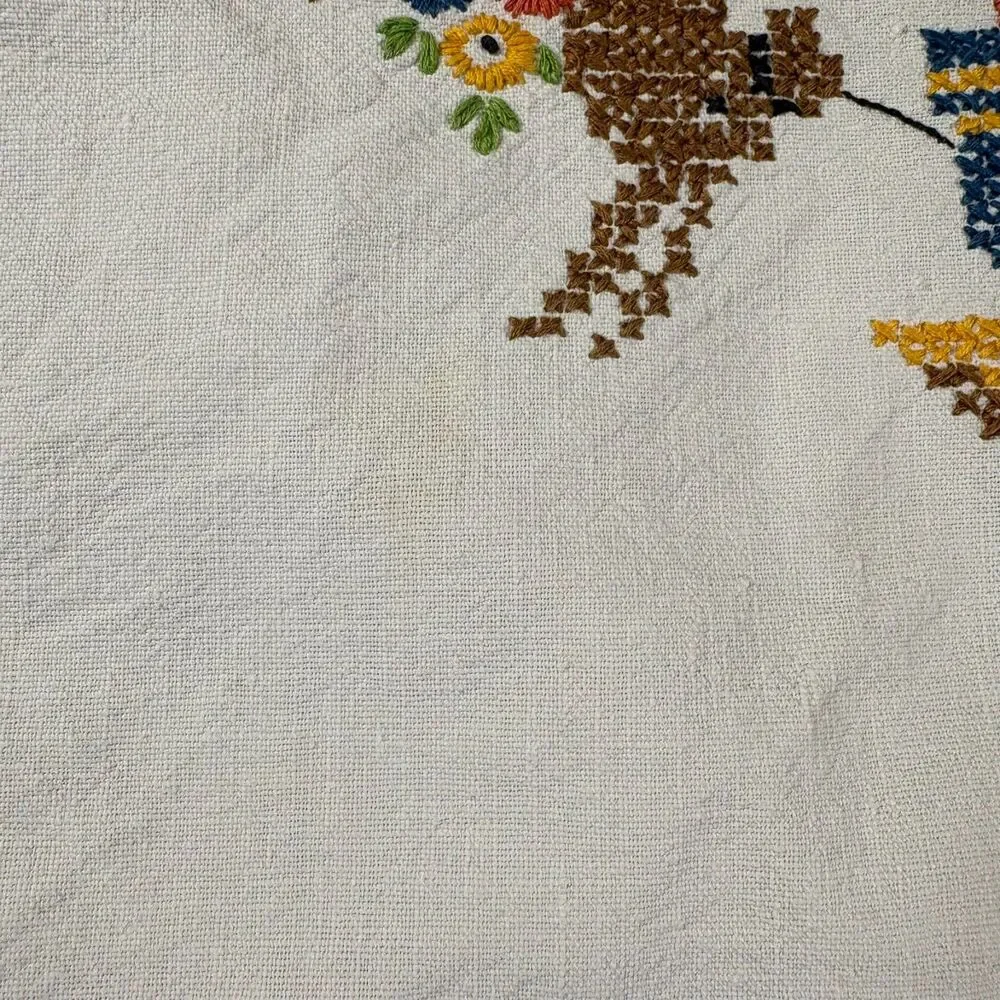 Vintage Hand-Embroidered Cross-Stitch Mexican Folk Art Tablecloth